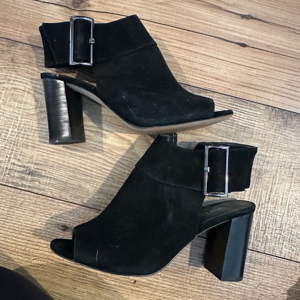 Vaneli Black Suede Heeled Boots with Buckle